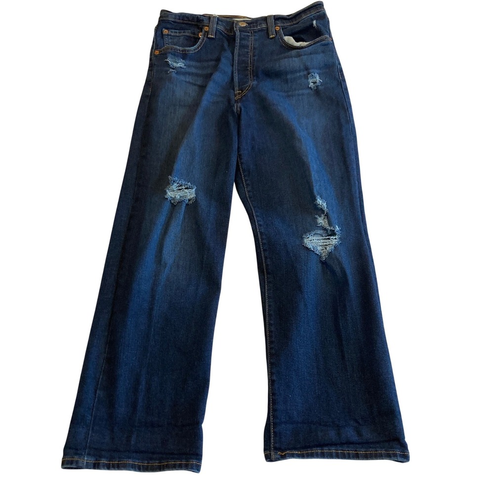 Levis Jeans Women 30x26 Button Fly Ribcage Straight Ankle Dark Wash Distressed